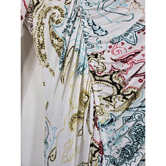 Etro Milano Viscose Jersey Paisley Asymmetrical Ruched Sheath Midi Dress Size 44 - Picture 6 of 13